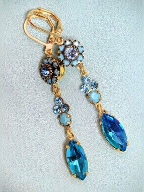 Victorian Turquoise Crystal Flowers In Dangle Gold Plated Artisan-Made Earrings